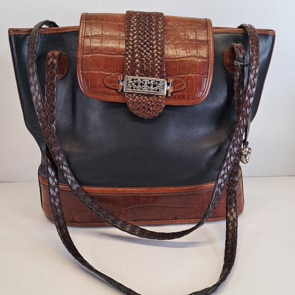 BRIGHTON Black Leather Brown Croc Emboss Braided Handle Shoulder Bag - Picture 1 of 15
